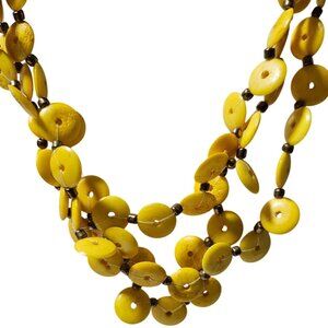 Retro Yellow Beaded Necklace Multi Strand Bronze Accents 60s 70s Fashion Jewelry